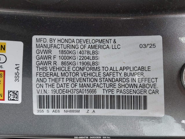Aukcja sprzedaży 2025 Acura Integra A-spec, vin: 19UDE4H37SA015666, numer aukcji: 44684756