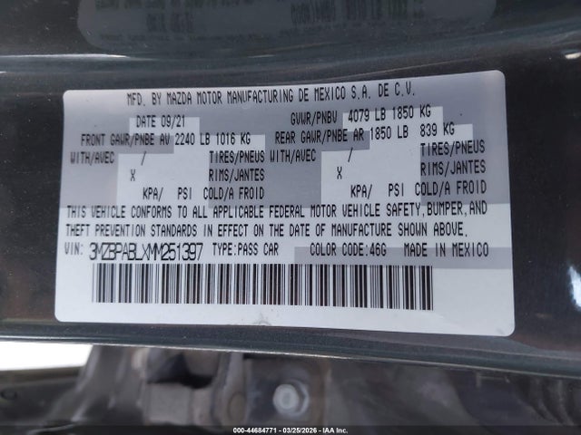 3MZBPABLXMM251397 Mazda Mazda3 Select