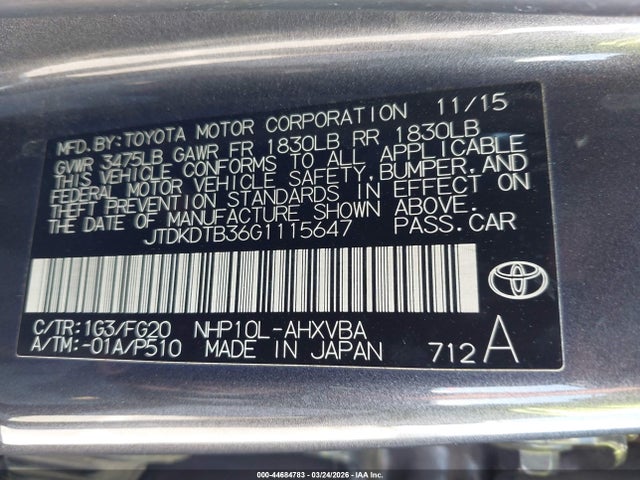 JTDKDTB36G1115647 Toyota Prius C Two