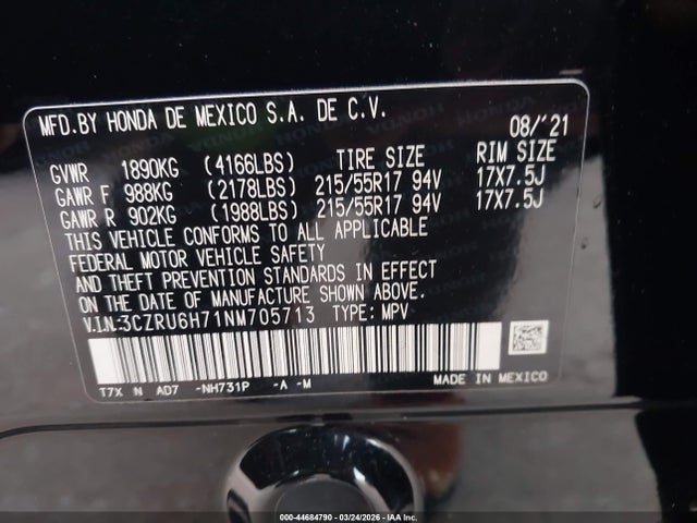 Продаж на аукціоні авто 2022 Honda Hr-v Awd Ex-l, vin: 3CZRU6H71NM705713, номер лоту: 44684790