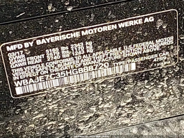 2017 Bmw 540i Xdrive მანქანა იყიდება აუქციონზე, vin: WBAJE7C35HG888720, აუქციონის ნომერი: 44684798