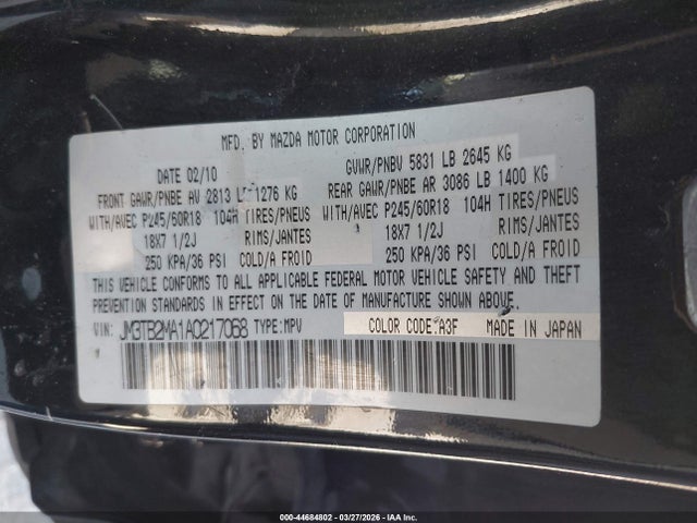 Продаж на аукціоні авто 2010 Mazda Cx-9 Touring, vin: JM3TB2MA1A0217068, номер лоту: 44684802