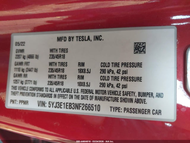 44684816 :رقم المزاد ، 5YJ3E1EB3NF266510 vin ، 2022 Tesla Model 3 Long Range Dual Motor All-wheel Drive مزاد بيع
