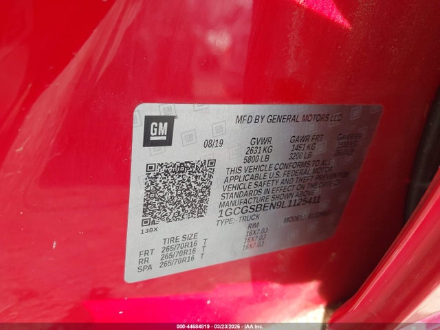 2020 Chevrolet Colorado 2wd  Short Box Wt მანქანა იყიდება აუქციონზე, vin: 1GCGSBEN9L1125411, აუქციონის ნომერი: 44684819