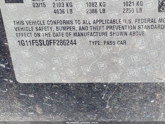 Aukcja sprzedaży 2015 Chevrolet Malibu 1lz, vin: 1G11F5SL0FF286244, numer aukcji: 44684820