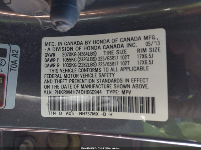 Aukcja sprzedaży 2013 Honda Cr-v Ex-l, vin: 2HKRM4H74DH660944, numer aukcji: 44684867