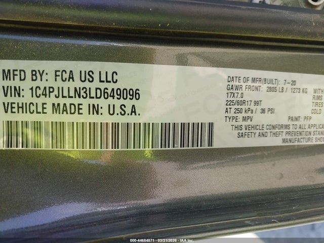 Продаж на аукціоні авто 2020 Jeep Cherokee Latitude Lux Fwd, vin: 1C4PJLLN3LD649096, номер лоту: 44684871