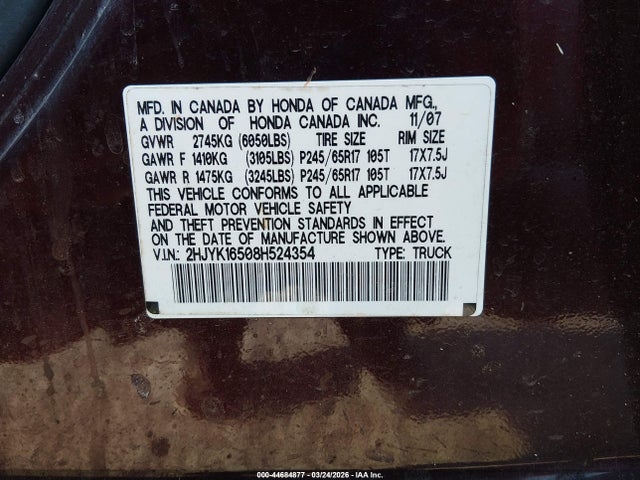 Продаж на аукціоні авто 2008 Honda Ridgeline Rtl, vin: 2HJYK16508H524354, номер лоту: 44684877