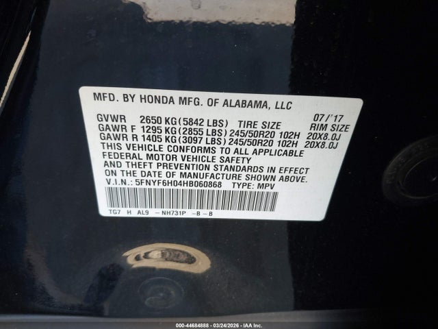 5FNYF6H04HB060868 Honda Pilot Elite