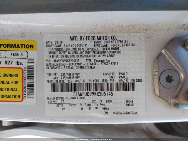 Продажа на аукционе авто 2019 Ford Fusion Titanium, vin: 3FA6P0D99KR205145, номер лота: 44684897