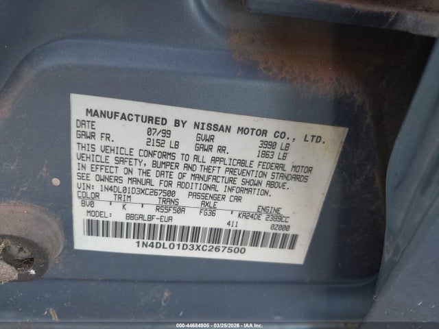 Продаж на аукціоні авто 1999 Nissan Altima Gle/gxe/se/se-l/xe, vin: 1N4DL01D3XC267500, номер лоту: 44684905