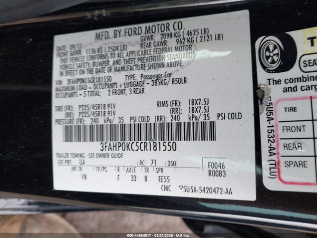 Продаж на аукціоні авто 2012 Ford Fusion Sport, vin: 3FAHP0KC5CR181550, номер лоту: 44684917