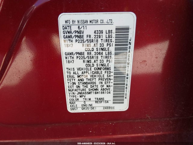 Продаж на аукціоні авто 2011 Nissan Rogue Sv, vin: JN8AS5MT1BW186104, номер лоту: 44684929