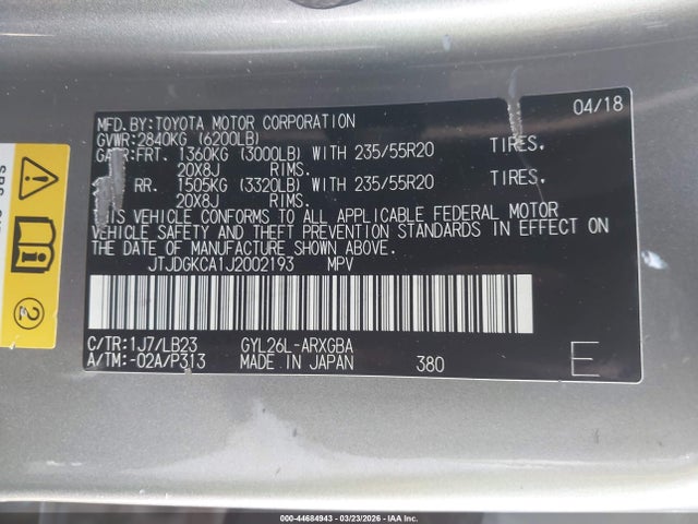 Aukcja sprzedaży 2018 Lexus Rx 450hl Premium, vin: JTJDGKCA1J2002193, numer aukcji: 44684943