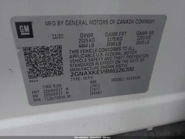 Продажа на аукционе авто 2021 Chevrolet Equinox Fwd Lt, vin: 2GNAXKEV9M6126300, номер лота: 44684944