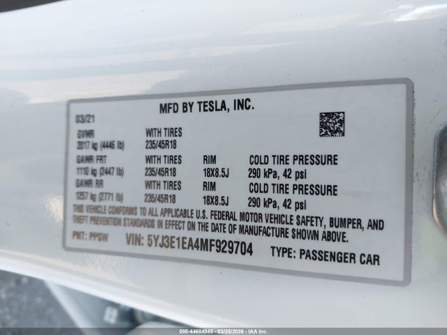 Продаж на аукціоні авто 2021 Tesla Model 3 Standard Range Plus Rear-wheel Drive, vin: 5YJ3E1EA4MF929704, номер лоту: 44684945