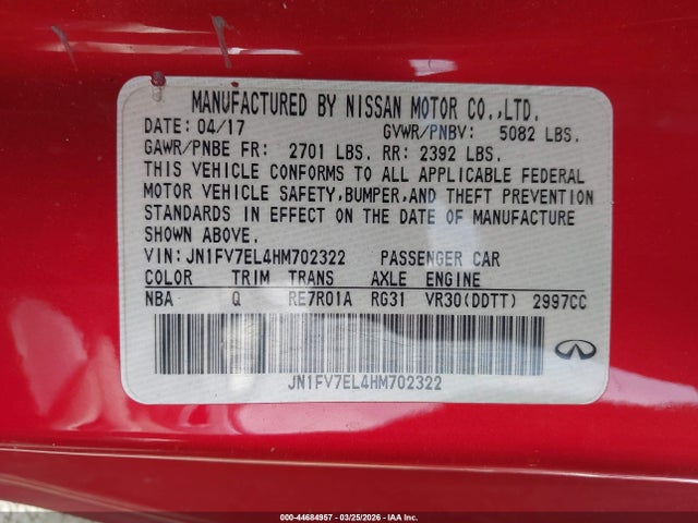 44684957 :رقم المزاد ، JN1FV7EL4HM702322 vin ، 2017 Infiniti Q60 3.0t Red Sport 400 مزاد بيع