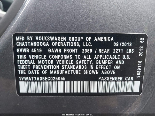44684960 :رقم المزاد ، 1VWAT7A35EC025055 vin ، 2014 Volkswagen Passat 1.8t Wolfsburg Edition مزاد بيع