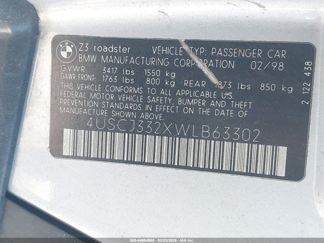 Продаж на аукціоні авто 1998 Bmw Z3 2.8, vin: 4USCJ332XWLB63302, номер лоту: 44684968