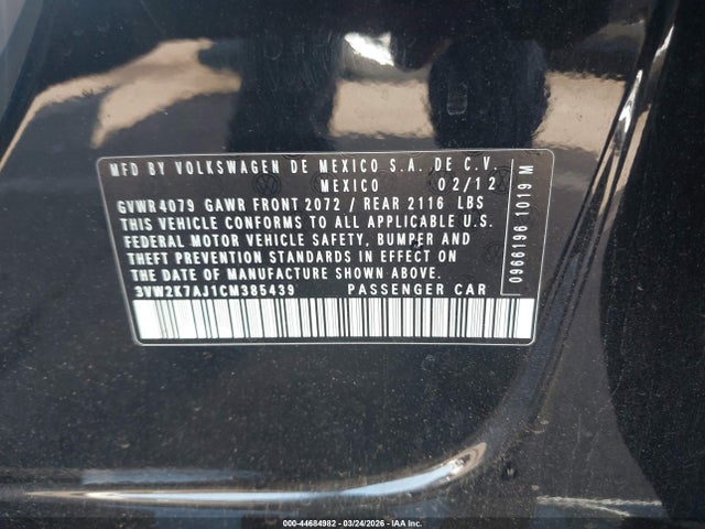 44684982 :رقم المزاد ، 3VW2K7AJ1CM385439 vin ، 2012 Volkswagen Jetta 2.0l S مزاد بيع