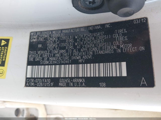 Продажа на аукционе авто 2012 Toyota Highlander Base V6, vin: 5TDBK3EH4CS140461, номер лота: 44684986