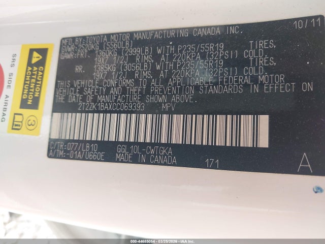 Продажа на аукционе авто 2012 Lexus Rx 350, vin: 2T2ZK1BAXCC069393, номер лота: 44685054