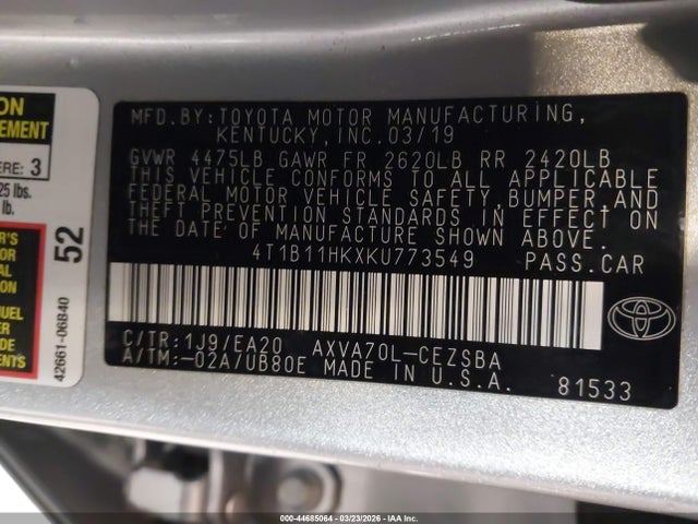 Продажа на аукционе авто 2019 Toyota Camry Se, vin: 4T1B11HKXKU773549, номер лота: 44685064
