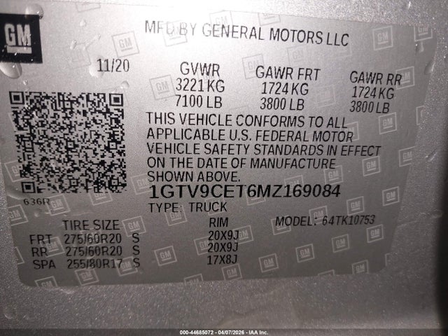Продажа на аукционе авто 2021 Gmc Sierra 1500 4wd  Standard Box Elevation, vin: 1GTV9CET6MZ169084, номер лота: 44685072