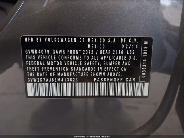 Продажа на аукционе авто 2014 Volkswagen Jetta 2.0l S, vin: 3VW2K7AJ8EM413823, номер лота: 44685074