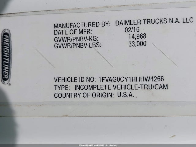Auction sale of the 2017 Freightliner 108sd, vin: 1FVAG0CY1HHHW4266, lot number: 44685087