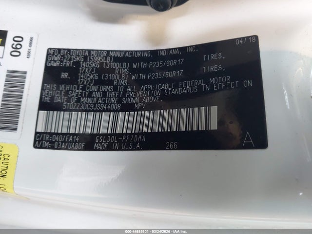 5TDZZ3DC9JS944008 Toyota Sienna L 7 Passenger