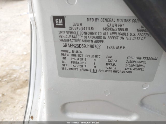 2009 Buick Enclave Cxl მანქანა იყიდება აუქციონზე, vin: 5GAER23D59J190702, აუქციონის ნომერი: 44685103