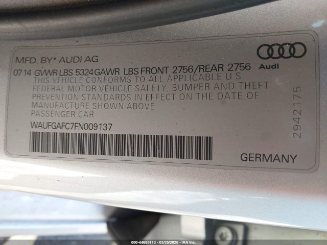 2015 Audi A6 3.0t Premium Plus მანქანა იყიდება აუქციონზე, vin: WAUFGAFC7FN009137, აუქციონის ნომერი: 44685113