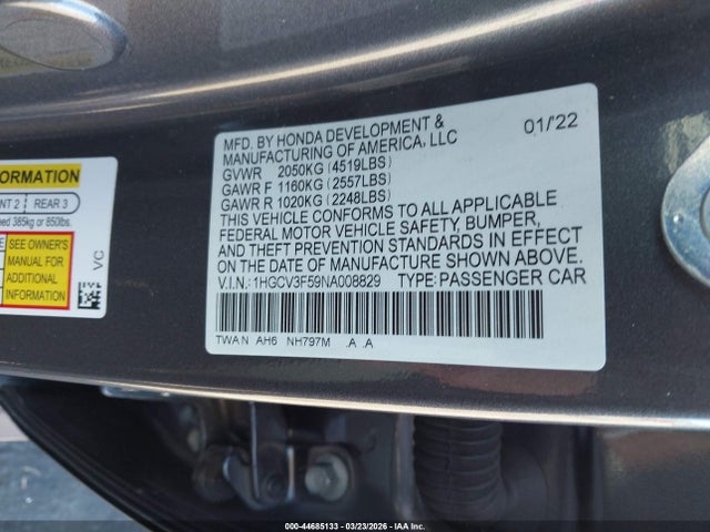 1HGCV3F59NA008829 Honda Accord Hybrid Ex-l