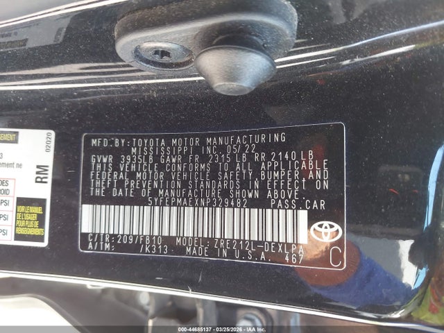 Продаж на аукціоні авто 2022 Toyota Corolla Le, vin: 5YFEPMAEXNP329482, номер лоту: 44685137