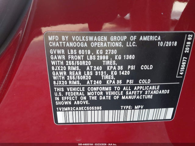 2019 Volkswagen Atlas 3.6l V6 Sel მანქანა იყიდება აუქციონზე, vin: 1V2MR2CA9KC505395, აუქციონის ნომერი: 44685164