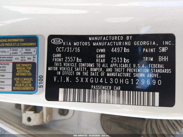 5XXGU4L30HG129690 KIA OPTIMA EX