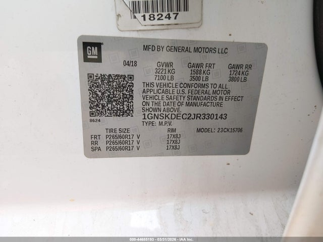 Aukcja sprzedaży 2018 Chevrolet Tahoe Commercial Fleet, vin: 1GNSKDEC2JR330143, numer aukcji: 44685193