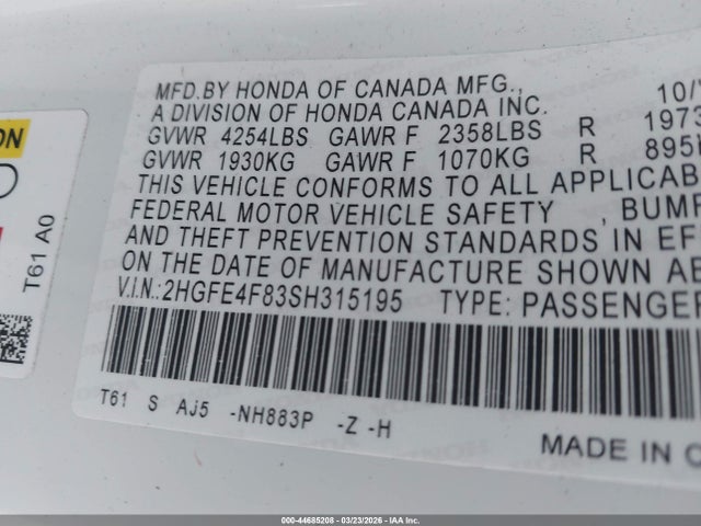 Продажа на аукционе авто 2025 Honda Civic Hybrid Sport/sport Touring, vin: 2HGFE4F83SH315195, номер лота: 44685208