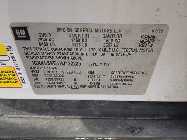 2017 Gmc Acadia Limited მანქანა იყიდება აუქციონზე, vin: 1GKKVSKD1HJ122236, აუქციონის ნომერი: 44685210