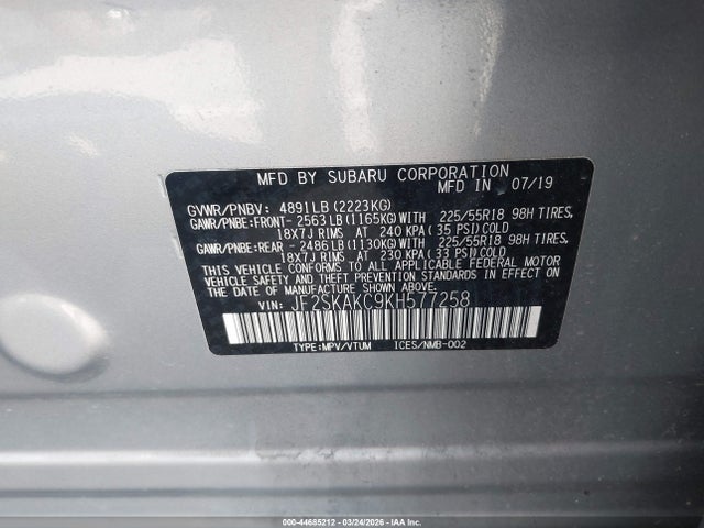 2019 Subaru Forester Sport მანქანა იყიდება აუქციონზე, vin: JF2SKAKC9KH577258, აუქციონის ნომერი: 44685212
