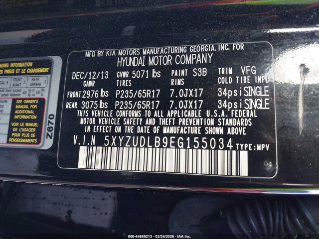 44685213 :رقم المزاد ، 5XYZUDLB9EG155034 vin ، 2014 Hyundai Santa Fe Sport 2.4l مزاد بيع