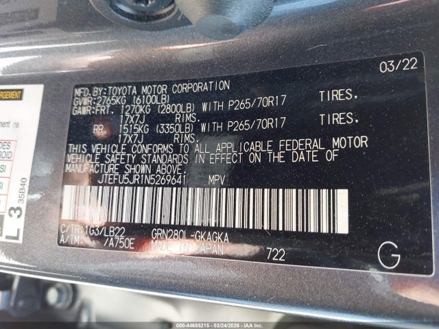 Продажа на аукционе авто 2022 Toyota 4runner Sr5 Premium, vin: JTEFU5JR1N5269641, номер лота: 44685215