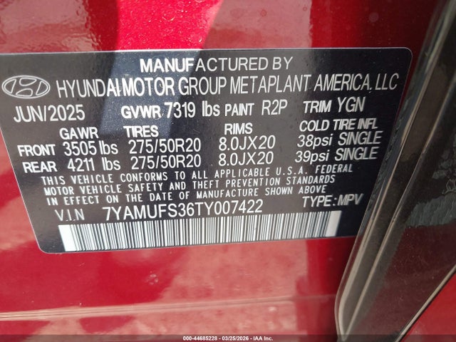 7YAMUFS36TY007422 Hyundai Ioniq 9 Sel