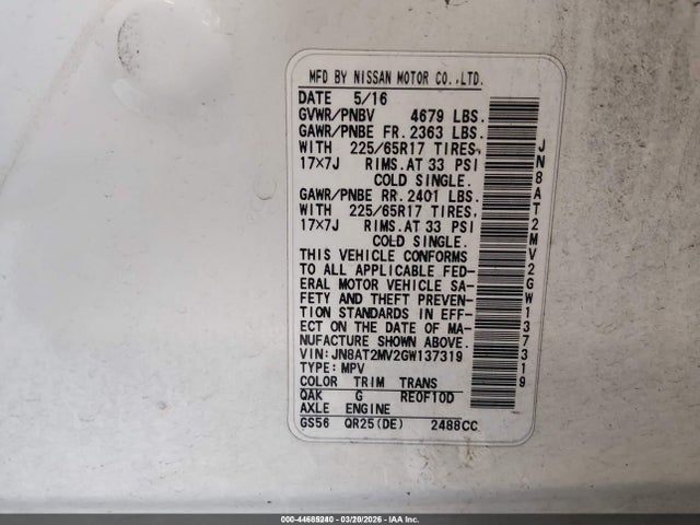 JN8AT2MV2GW137319 Nissan ROGUE S
