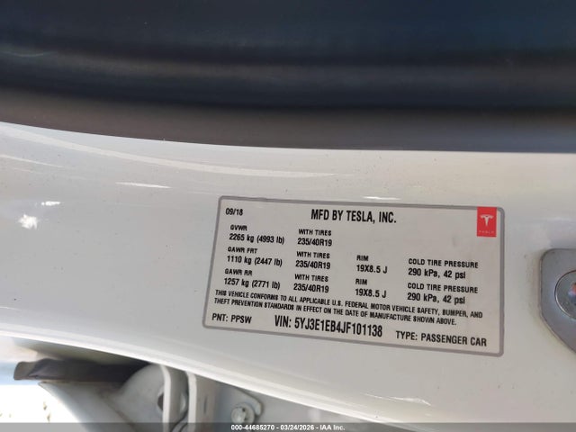 2018 Tesla Model 3 Long Range/performance მანქანა იყიდება აუქციონზე, vin: 5YJ3E1EB4JF101138, აუქციონის ნომერი: 44685270