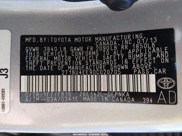 2013 Toyota Corolla მანქანა იყიდება აუქციონზე, vin: 2T1BU4EE9DC020705, აუქციონის ნომერი: 44685284