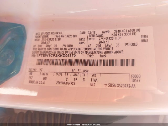 Auction sale of the 2019 Ford F-150 Xl, vin: 1FTEW1CP2KKD06370, lot number: 44685285
