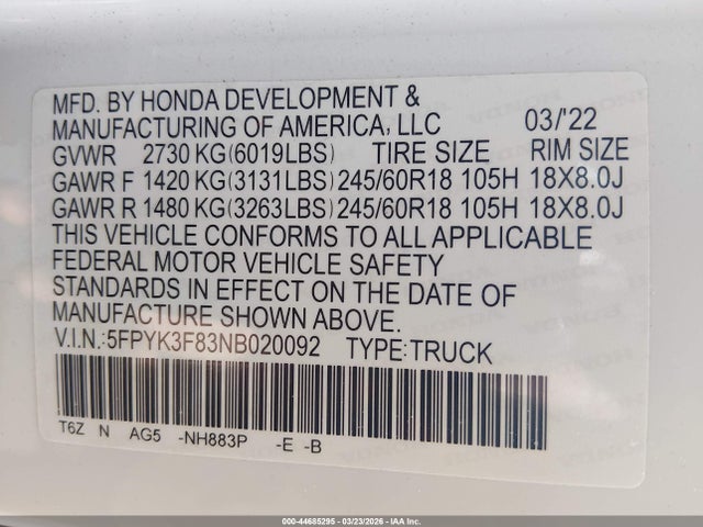 5FPYK3F83NB020092 Honda Ridgeline Black Edition