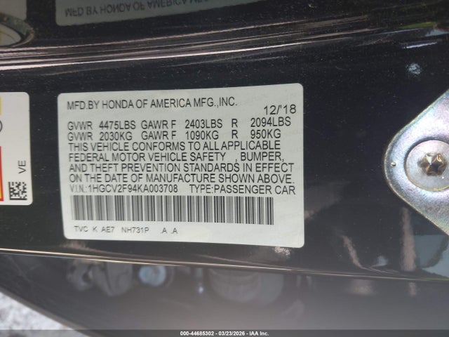 Aukcja sprzedaży 2019 Honda Accord Touring 2.0t, vin: 1HGCV2F94KA003708, numer aukcji: 44685302